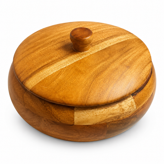 Premium Acacia Wooden Roti Casserole with Lid | Handcrafted Wooden Chapati Storage Box