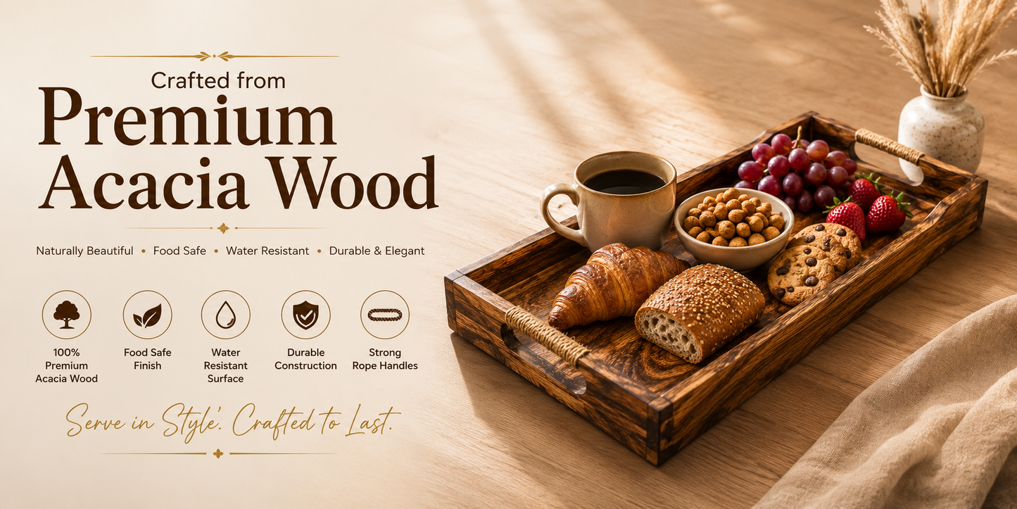 DHITI HOMES Premium Acacia Wooden Serving Tray | Breakfast, Tea, Coffee & Snack Tray