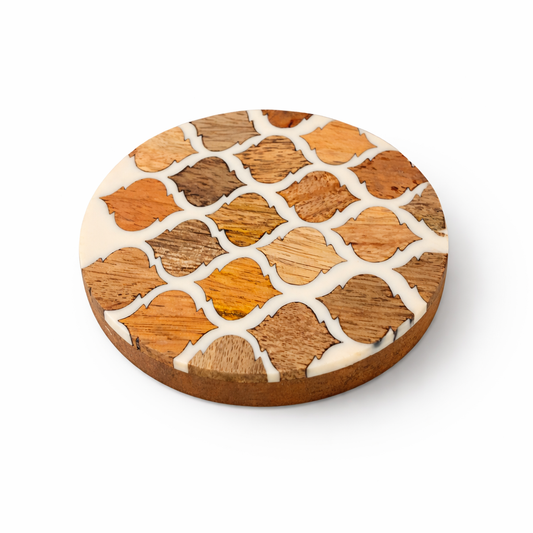 Premium Mosaic Acacia Wood & White Resin Coaster Set | Set of 4