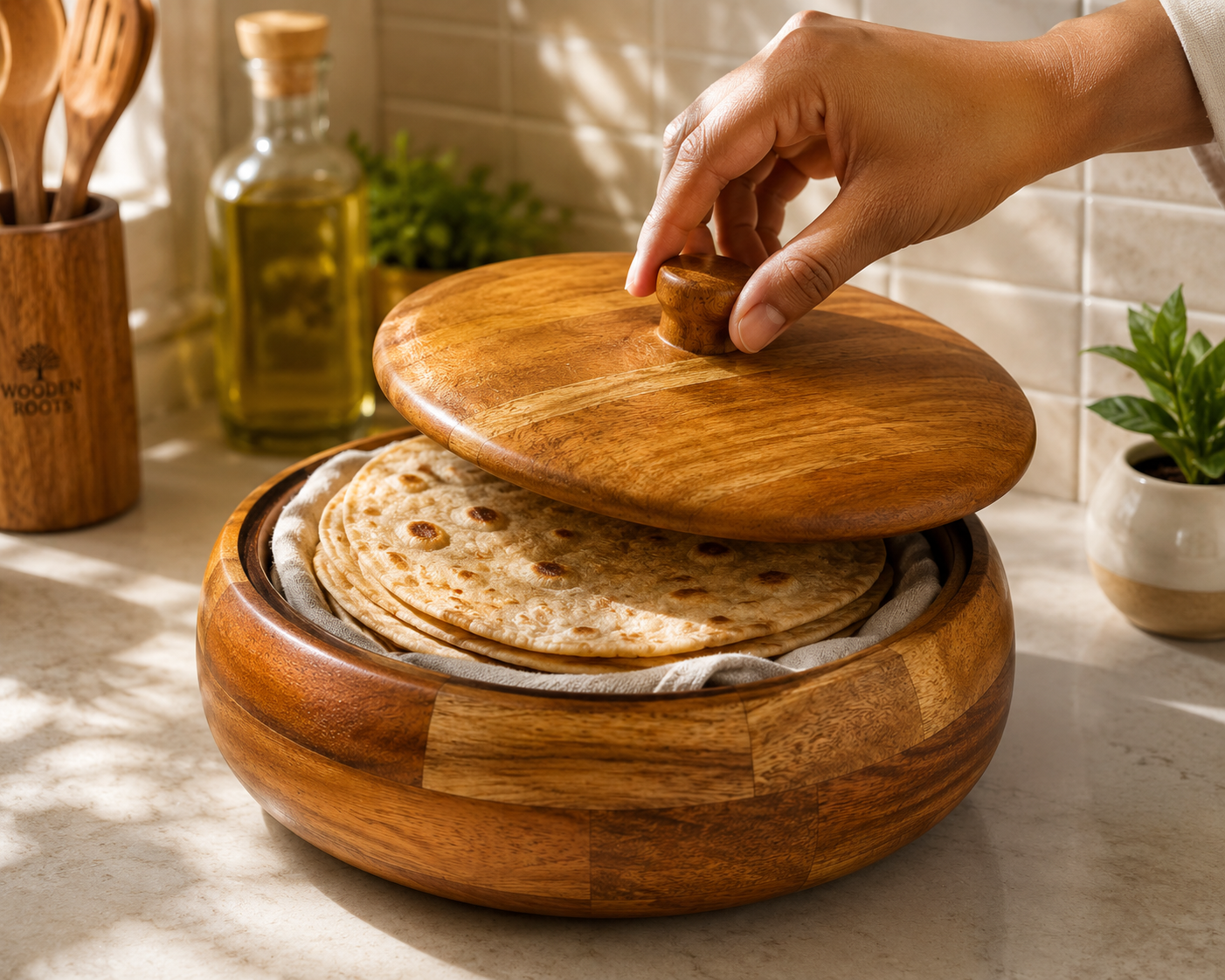 Premium Acacia Wooden Roti Casserole with Lid | Handcrafted Wooden Chapati Storage Box