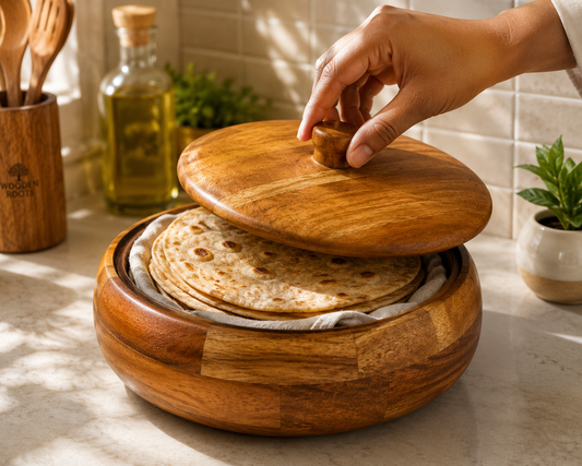 Premium Acacia Wooden Roti Casserole with Lid | Handcrafted Wooden Chapati Storage Box