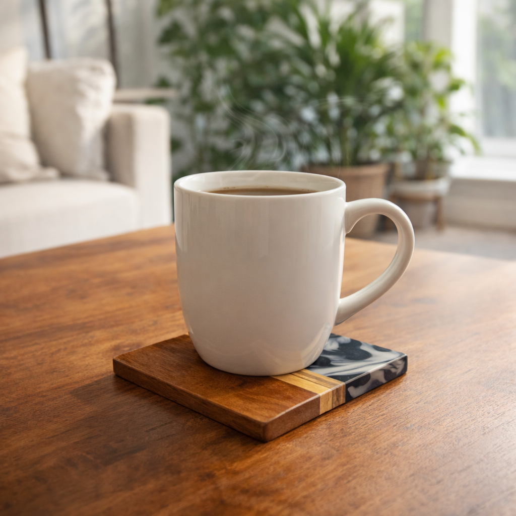 DHITI HOMES Premium Acacia Wood & Black Resin Coaster Set | Set of 4