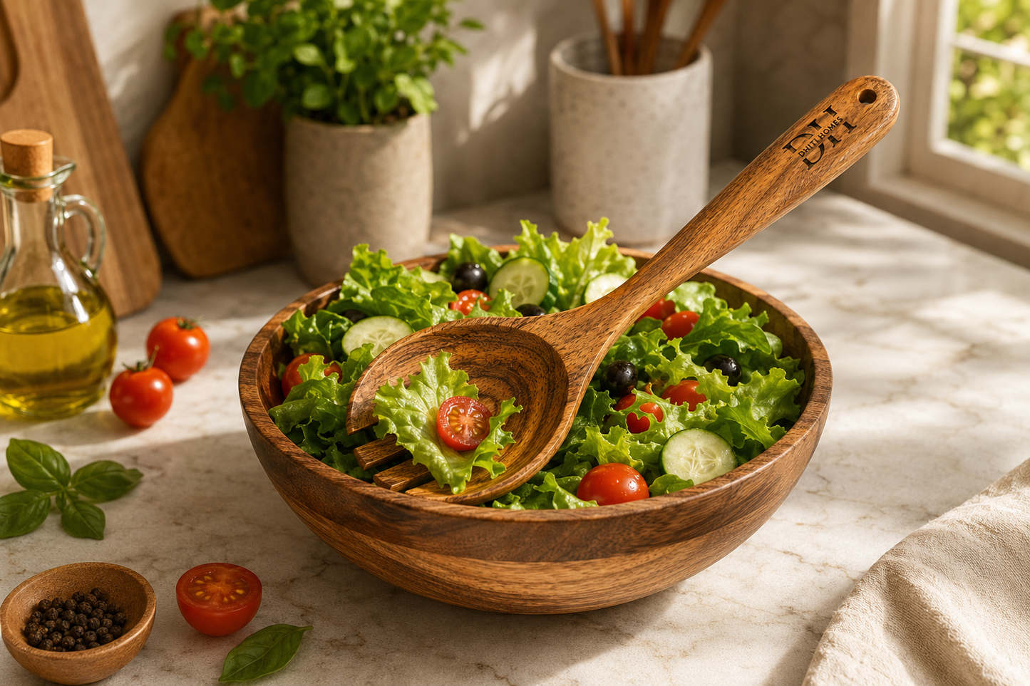 Premium Acacia Wood Slotted Salad Server Spoon | Handcrafted Wooden Spoon for Cooking, Draining & Serving