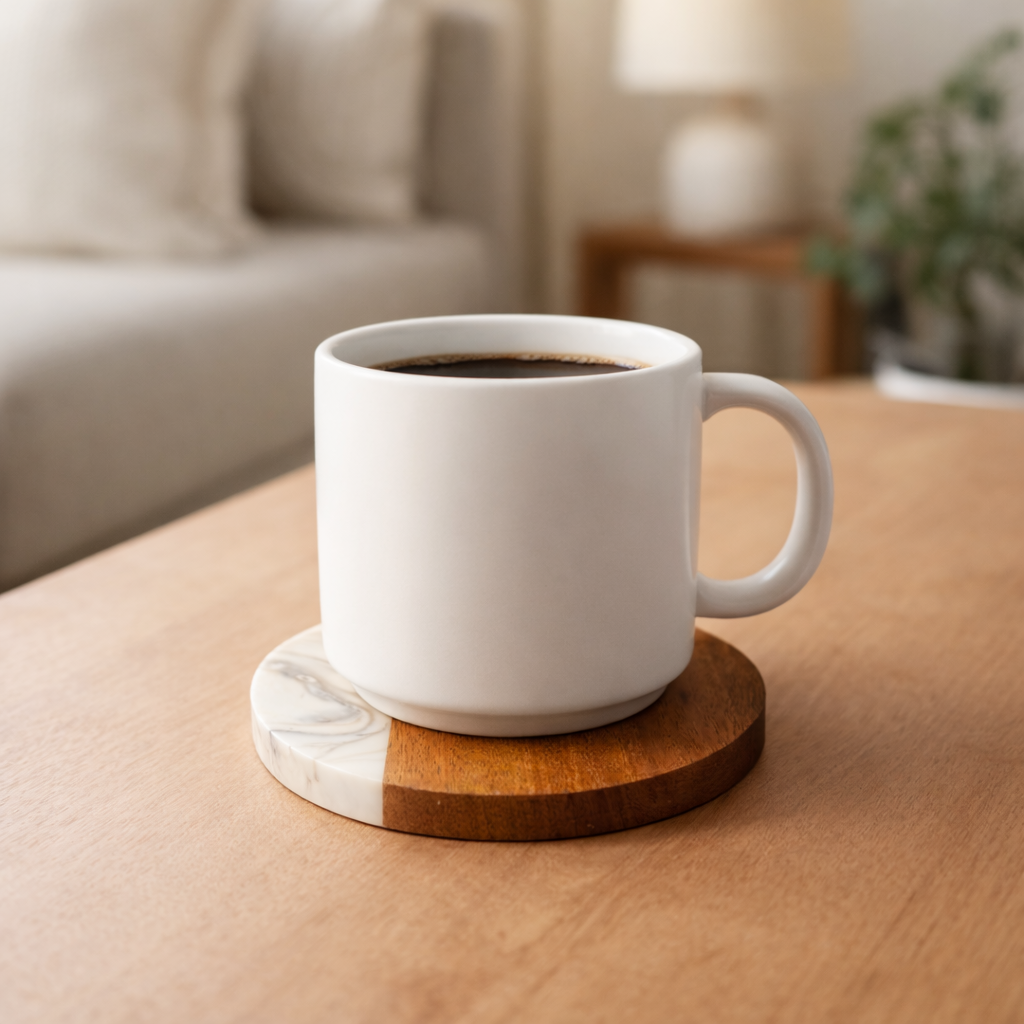DHITI HOMES Premium Acacia Wood & White Resin Coaster Set | Set of 4