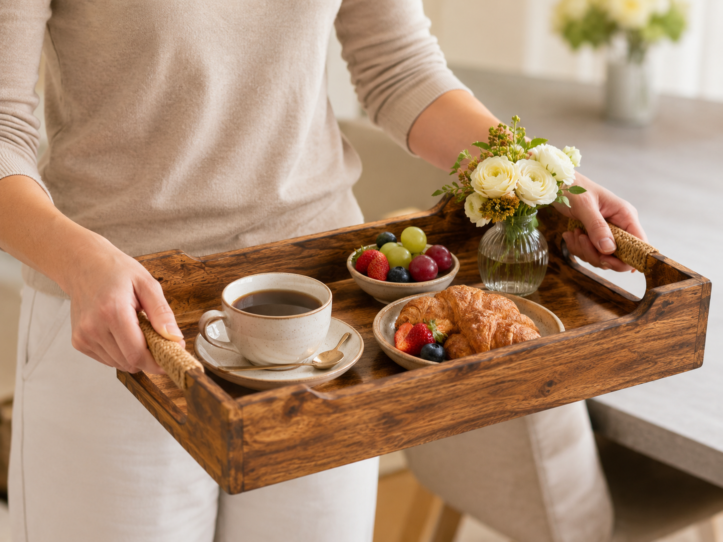 DHITI HOMES Premium Acacia Wooden Serving Tray | Breakfast, Tea, Coffee & Snack Tray