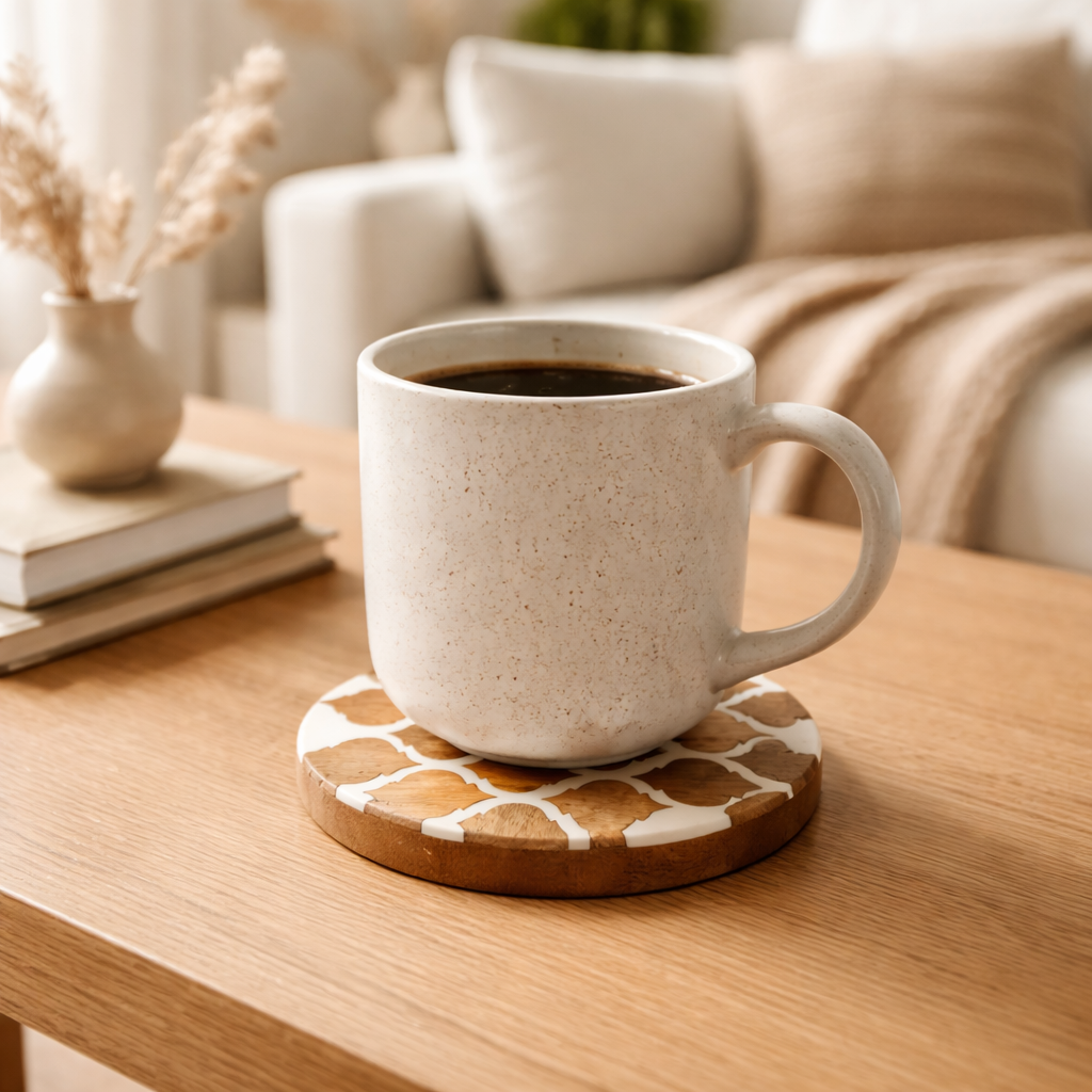 DHITI HOMES Premium Mosaic Acacia Wood & White Resin Coaster Set | Set of 4