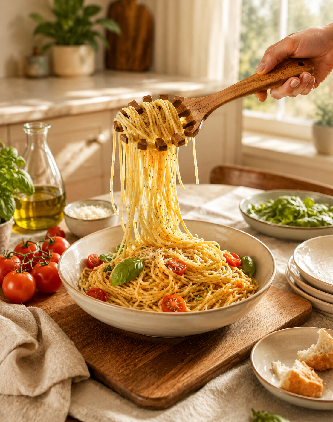 Premium Acacia Wood Spaghetti Serving Spoon | Handcrafted Wooden Spoon for Cooking & Serving