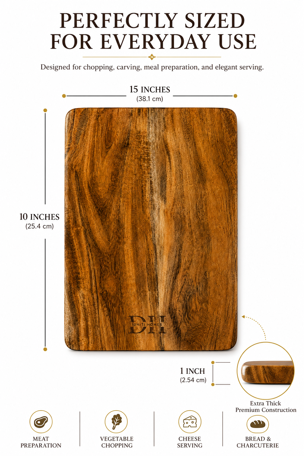 Premium Acacia Wood Reversible Chopping Board 15 x 10 x 1 Inch | Dual-Sided Wooden Cutting Board | Food-Safe PU Finish | Naturally Antibacterial | Multipurpose for Vegetables, Fruits, Meat, Bread & Cheese
