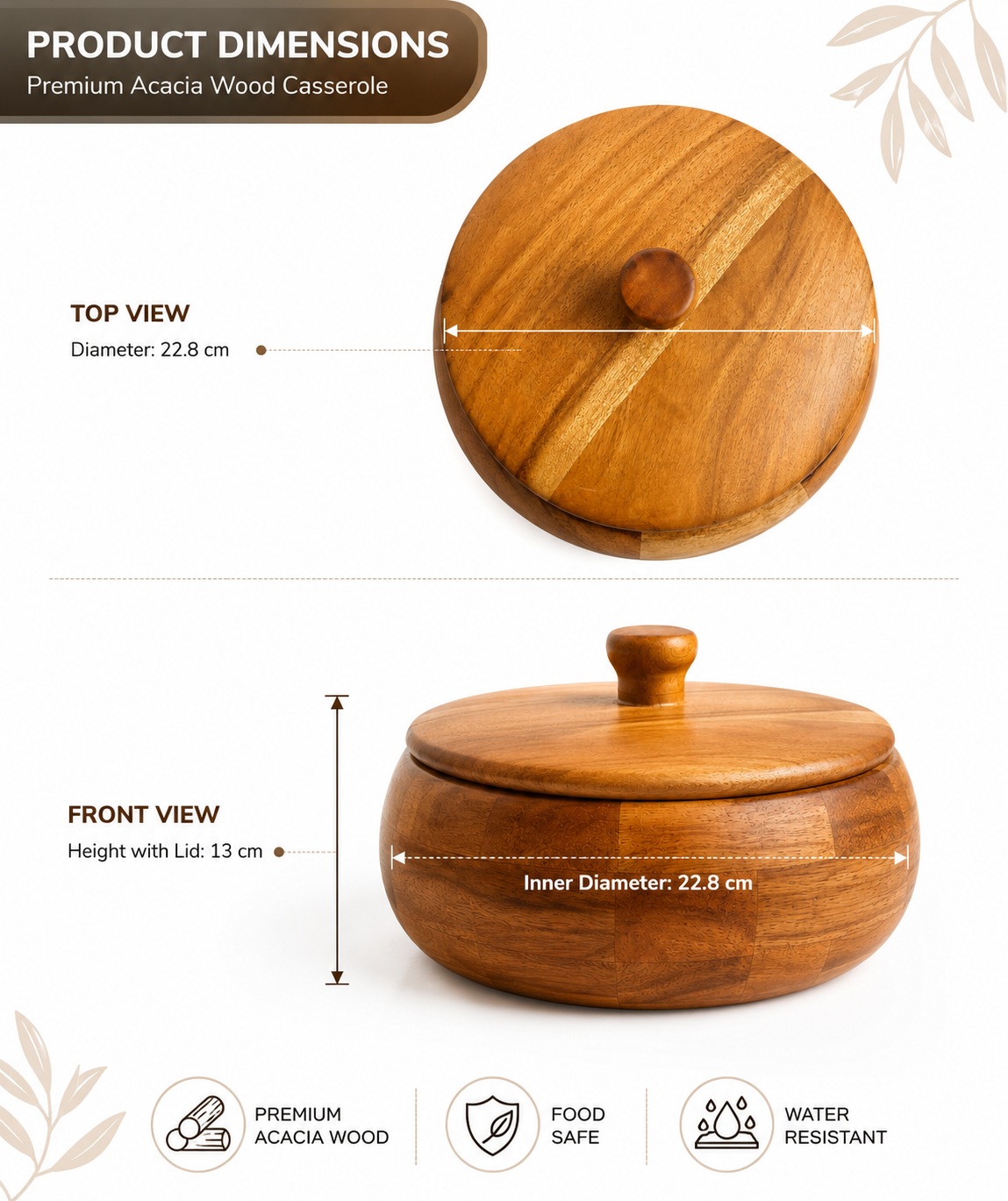 Premium Acacia Wooden Roti Casserole with Lid | Handcrafted Wooden Chapati Storage Box