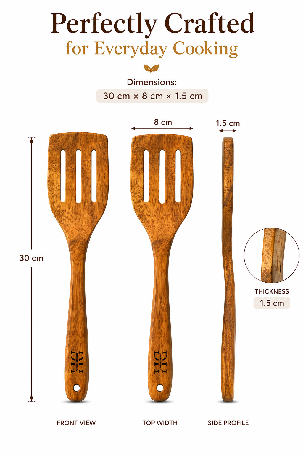 Premium Acacia Wood Slotted Turner | Handcrafted Wooden Spatula for Cooking, Flipping & Serving