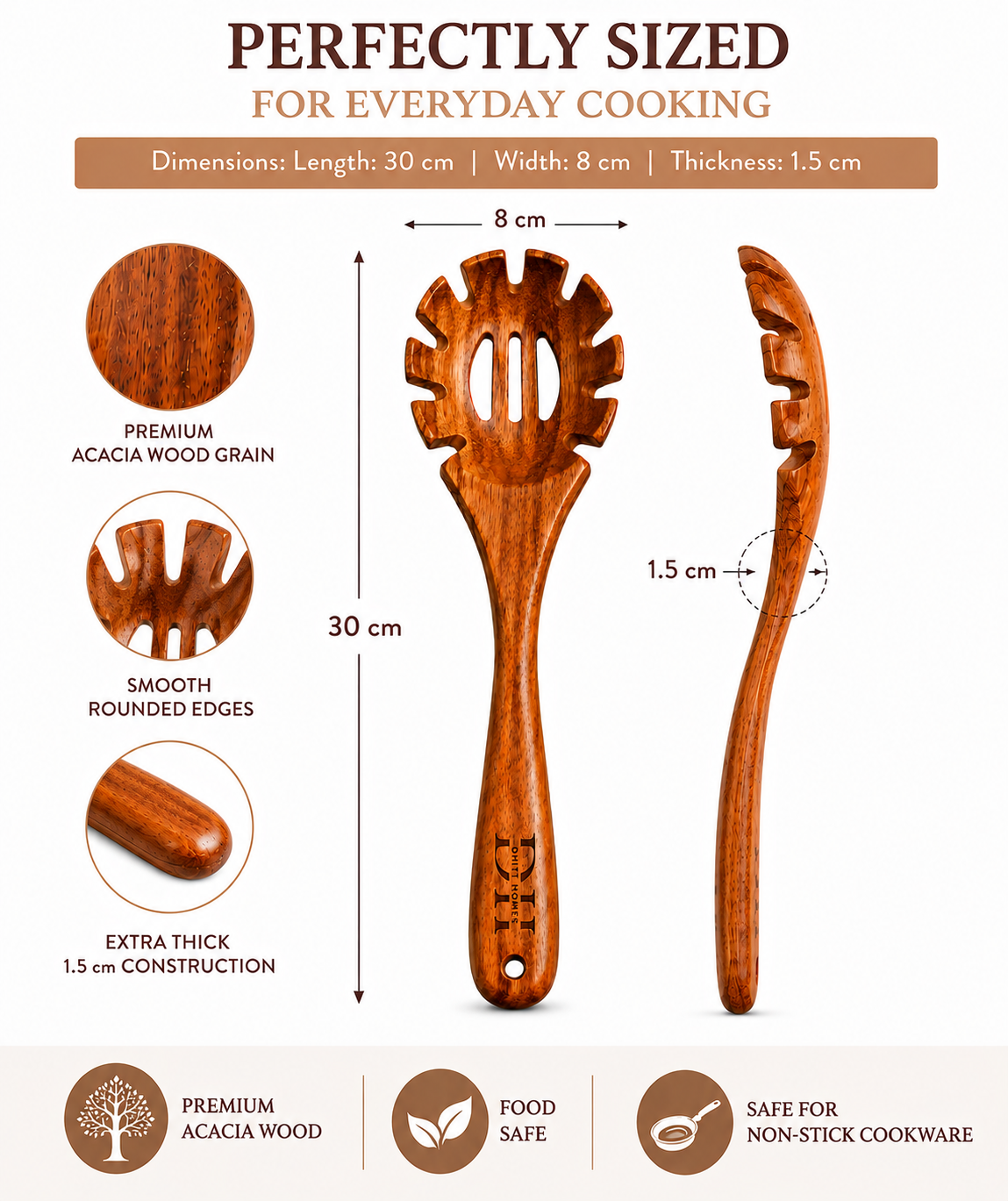 Premium Acacia Wood Spaghetti Serving Spoon | Handcrafted Wooden Spoon for Cooking & Serving