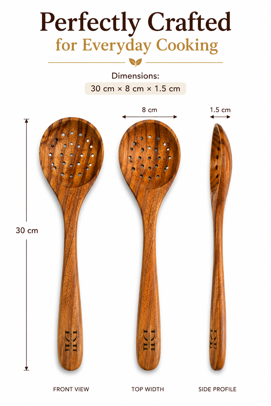 Premium Acacia Wood Slotted Serving Spoon | Handcrafted Wooden Spoon for Cooking, Straining & Serving