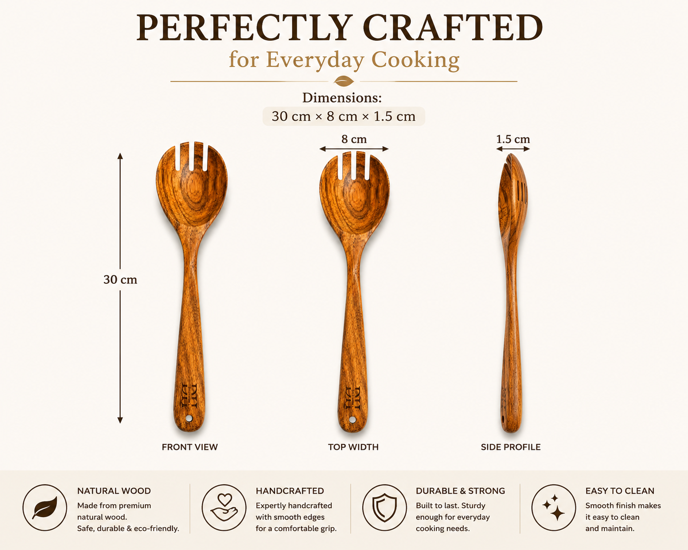 Premium Acacia Wood Slotted Salad Server Spoon | Handcrafted Wooden Spoon for Cooking, Draining & Serving