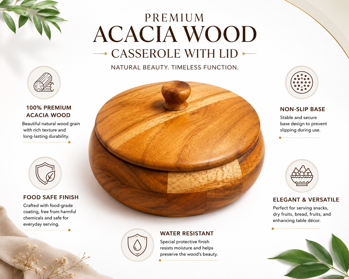 Premium Acacia Wooden Roti Casserole with Lid | Handcrafted Wooden Chapati Storage Box