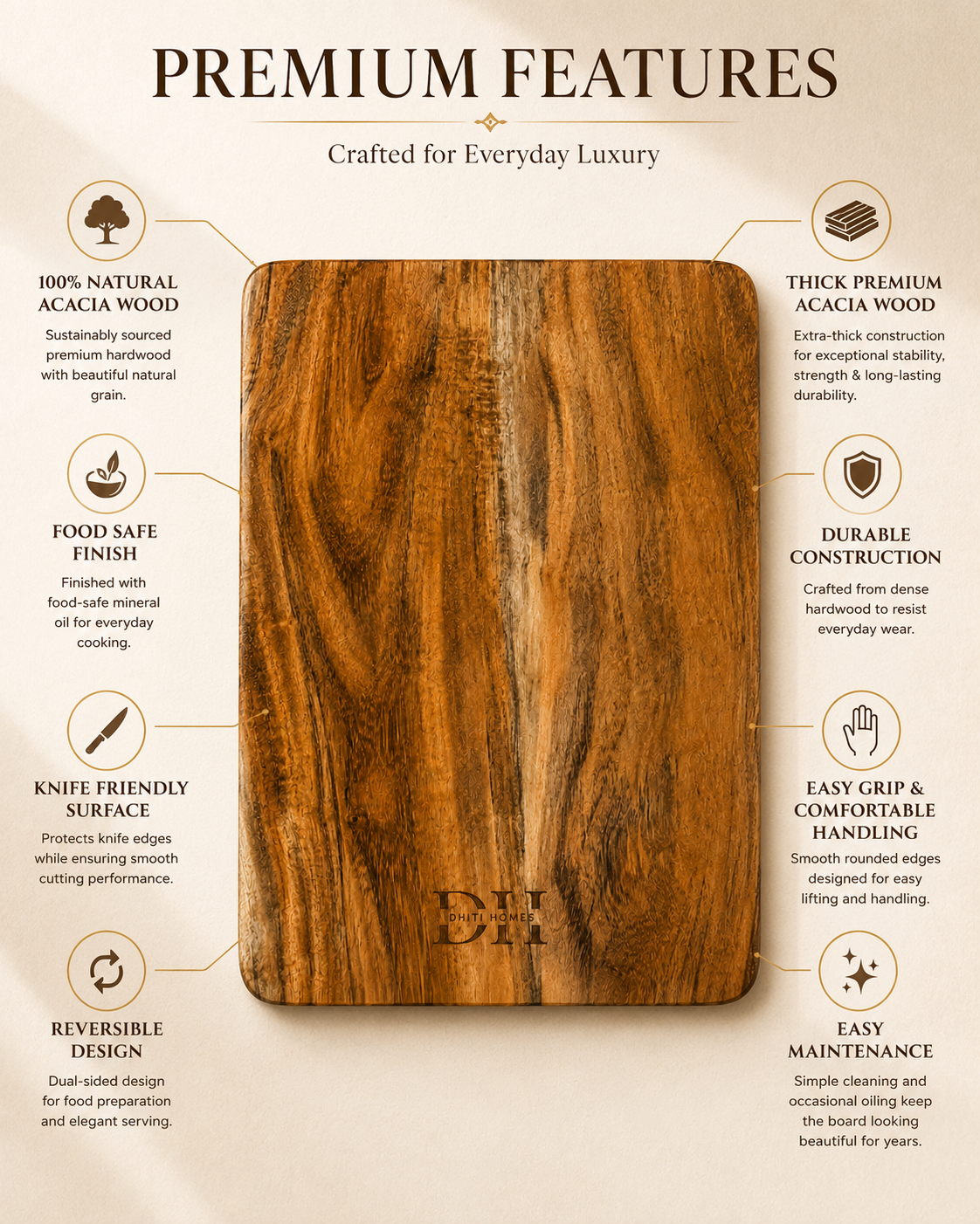 Premium Acacia Wood Reversible Chopping Board 15 x 10 x 1 Inch | Dual-Sided Wooden Cutting Board | Food-Safe PU Finish | Naturally Antibacterial | Multipurpose for Vegetables, Fruits, Meat, Bread & Cheese