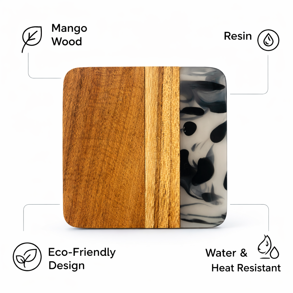 DHITI HOMES Premium Acacia Wood & Black Resin Coaster Set | Set of 4