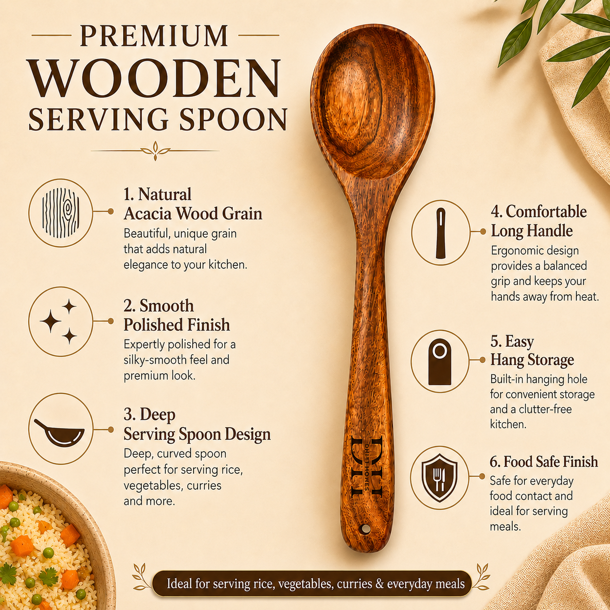 Premium Acacia Wood Serving Spoon | Handcrafted Wooden Spoon for Cooking, Serving & Mixing