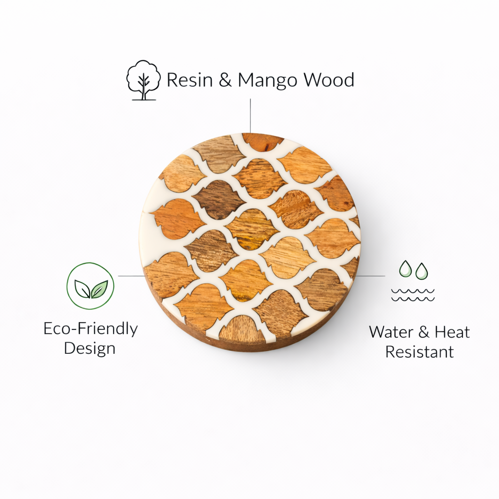 DHITI HOMES Premium Mosaic Acacia Wood & White Resin Coaster Set | Set of 4