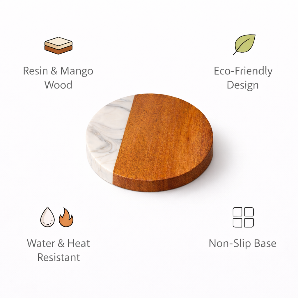 DHITI HOMES Premium Acacia Wood & White Resin Coaster Set | Set of 4
