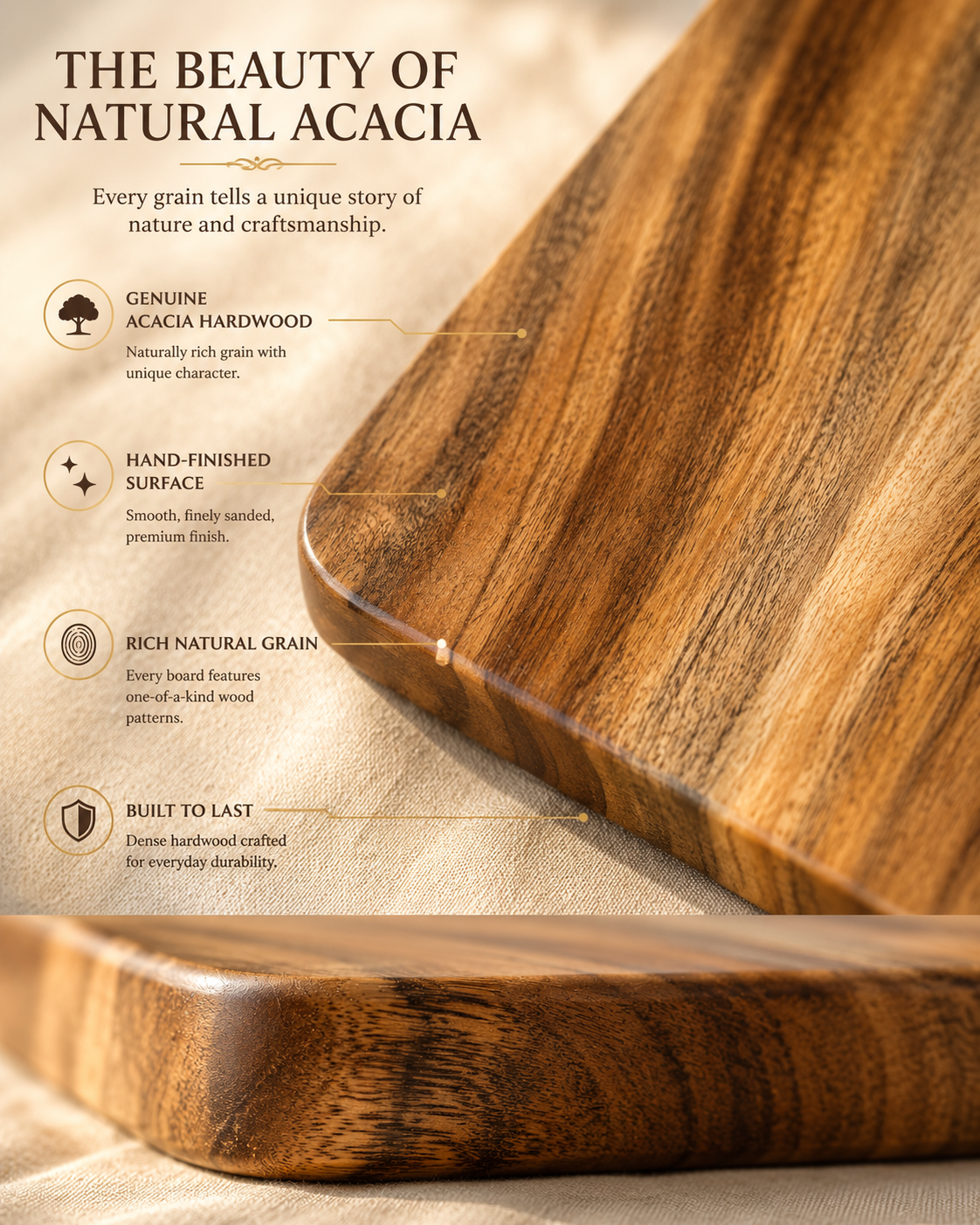 Premium Acacia Wood Reversible Chopping Board 15 x 10 x 1 Inch | Dual-Sided Wooden Cutting Board | Food-Safe PU Finish | Naturally Antibacterial | Multipurpose for Vegetables, Fruits, Meat, Bread & Cheese