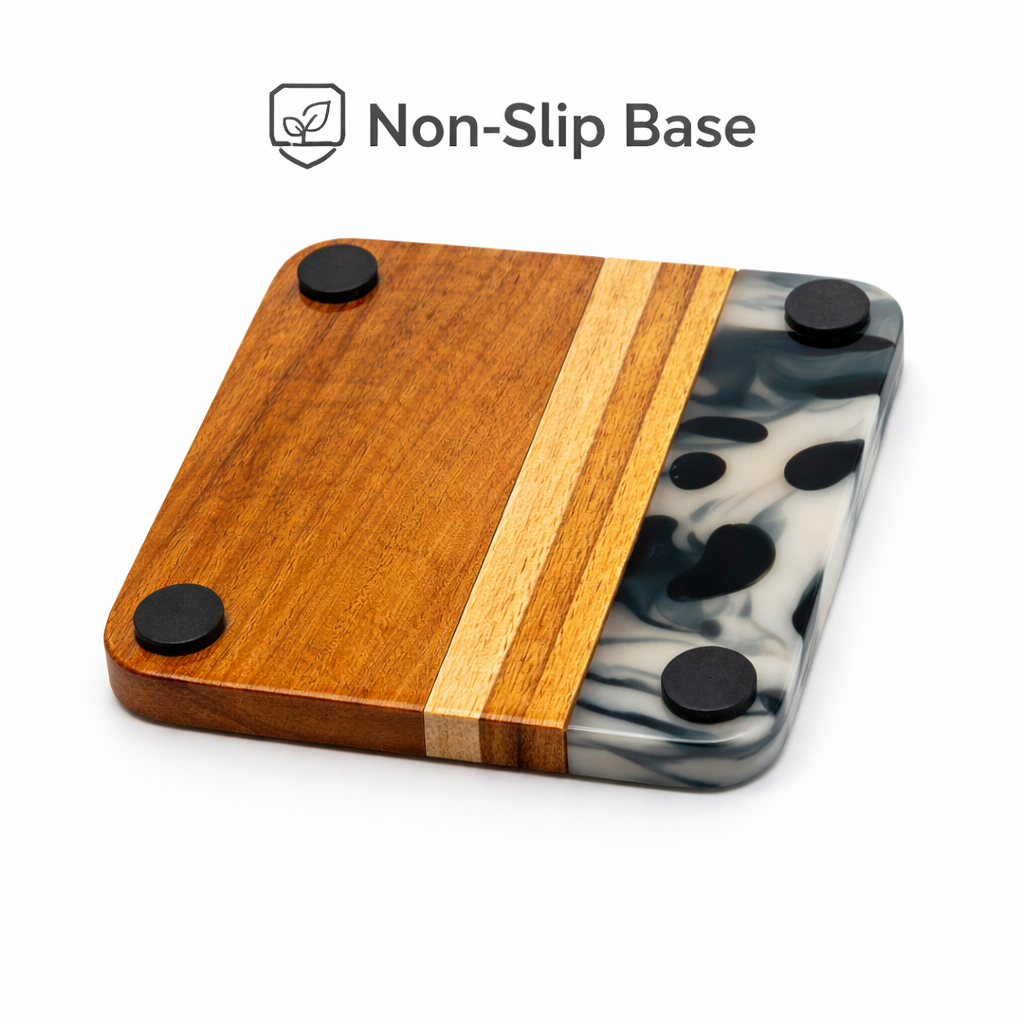 DHITI HOMES Premium Acacia Wood & Black Resin Coaster Set | Set of 4