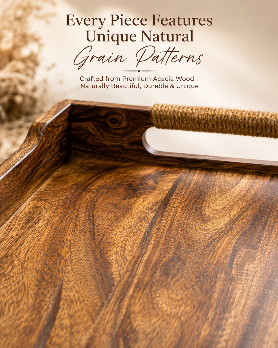 DHITI HOMES Premium Acacia Wooden Serving Tray | Breakfast, Tea, Coffee & Snack Tray