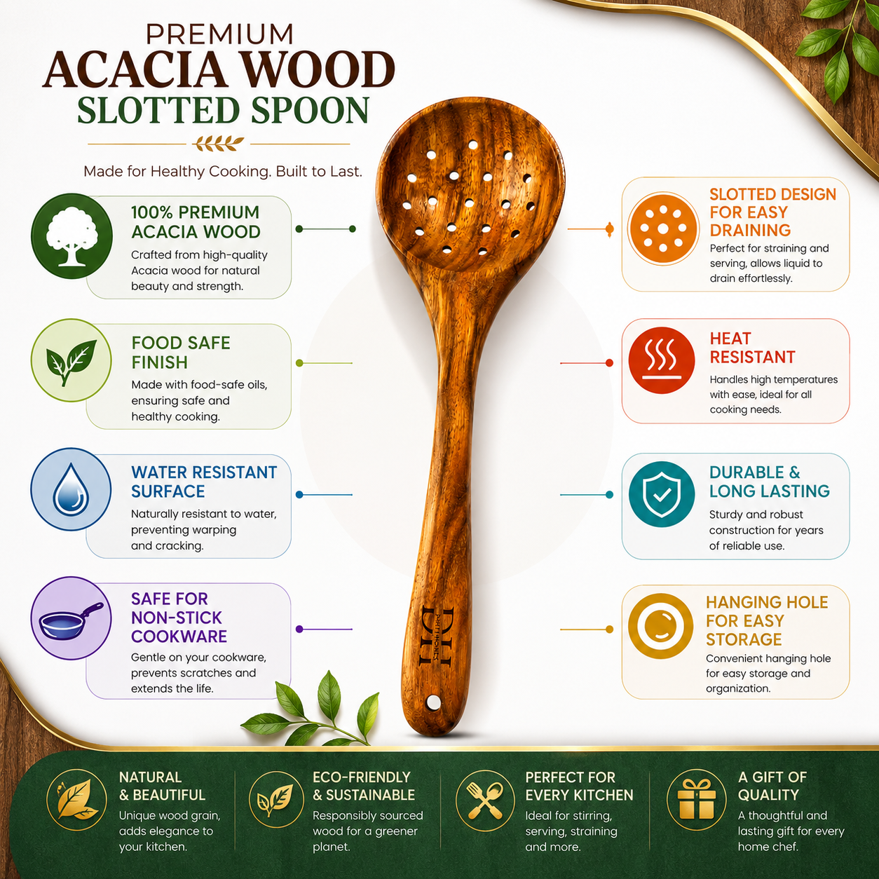 Premium Acacia Wood Slotted Serving Spoon | Handcrafted Wooden Spoon for Cooking, Straining & Serving