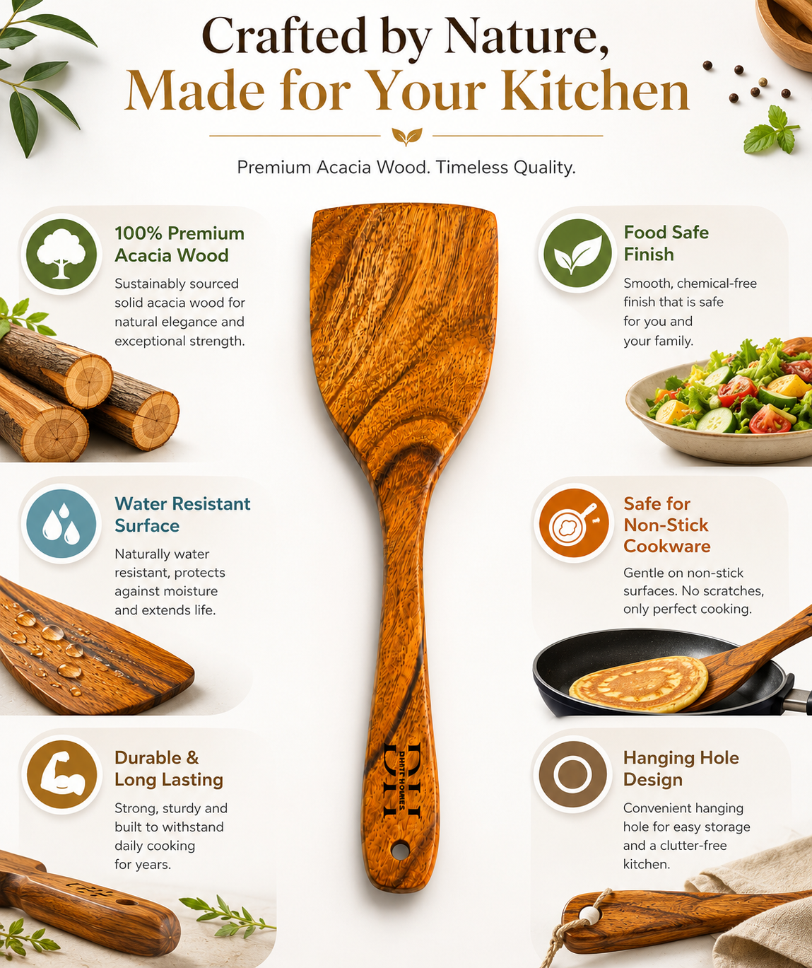Premium Acacia Wood Flat Turner | Handcrafted Wooden Spatula for Cooking, Flipping & Serving