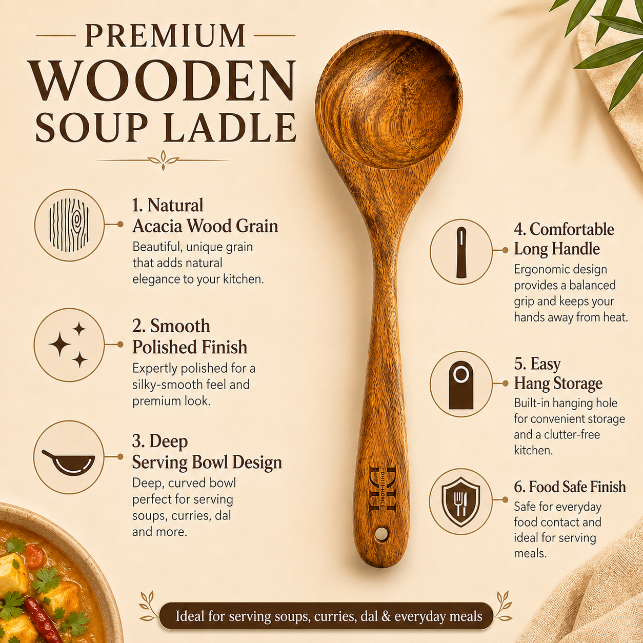 Premium Acacia Wood Deep Serving Spoon | Handcrafted Wooden Spoon for Cooking, Serving & Stirring
