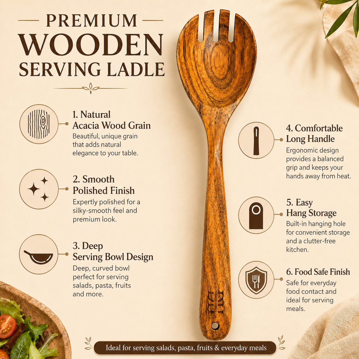 Premium Acacia Wood Slotted Salad Server Spoon | Handcrafted Wooden Spoon for Cooking, Draining & Serving