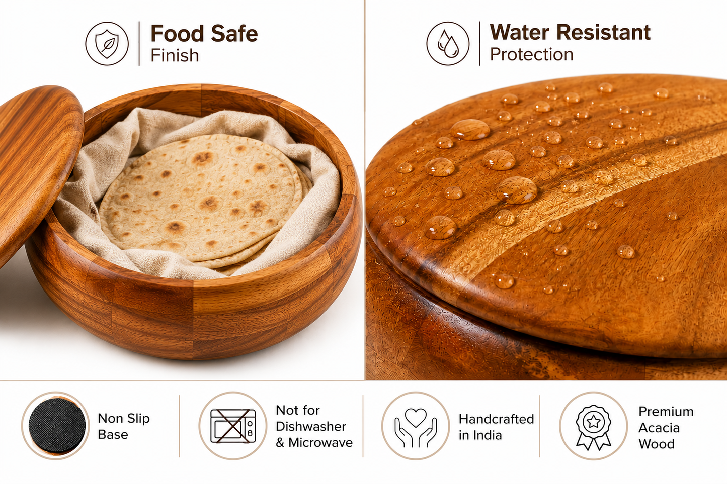 Premium Acacia Wooden Roti Casserole with Lid | Handcrafted Wooden Chapati Storage Box