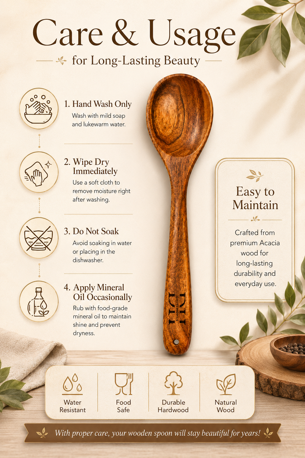 Premium Acacia Wood Serving Spoon | Handcrafted Wooden Spoon for Cooking, Serving & Mixing