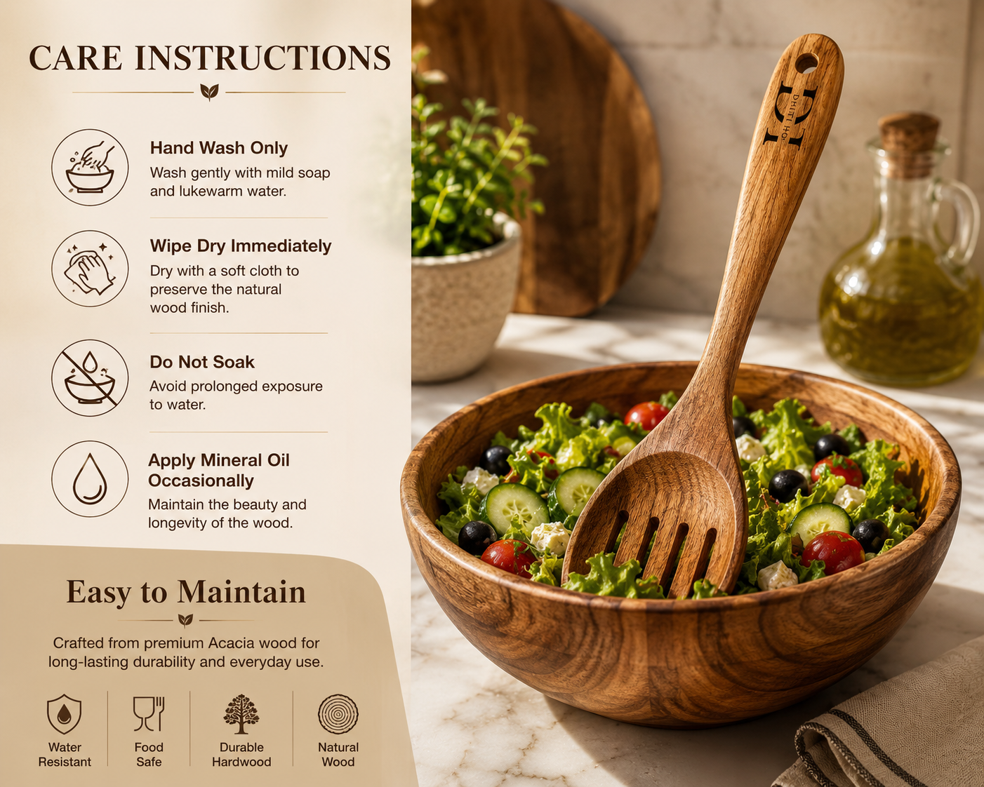 Premium Acacia Wood Slotted Salad Server Spoon | Handcrafted Wooden Spoon for Cooking, Draining & Serving