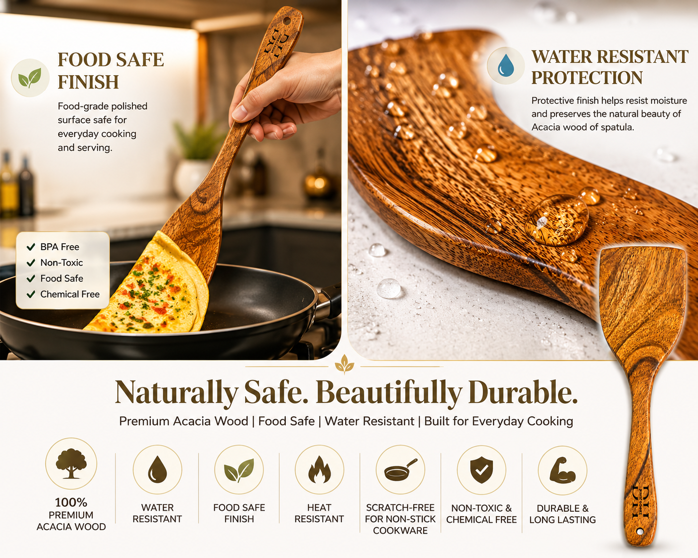 Premium Acacia Wood Flat Turner | Handcrafted Wooden Spatula for Cooking, Flipping & Serving