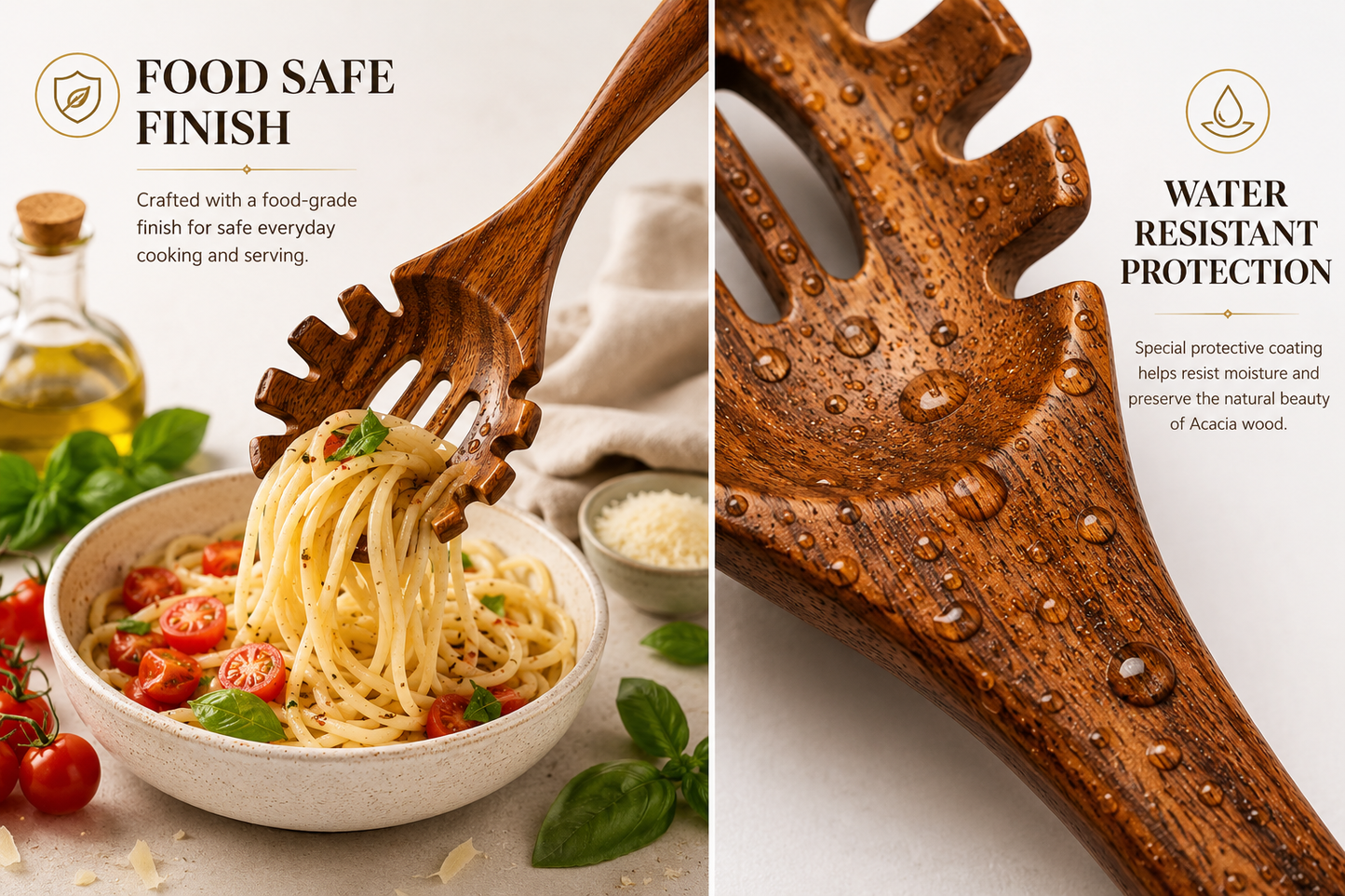 Premium Acacia Wood Spaghetti Serving Spoon | Handcrafted Wooden Spoon for Cooking & Serving