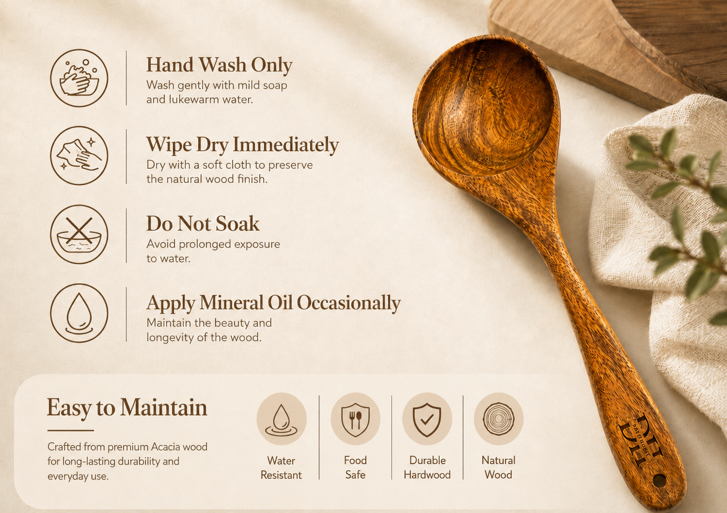 Premium Acacia Wood Deep Serving Spoon | Handcrafted Wooden Spoon for Cooking, Serving & Stirring