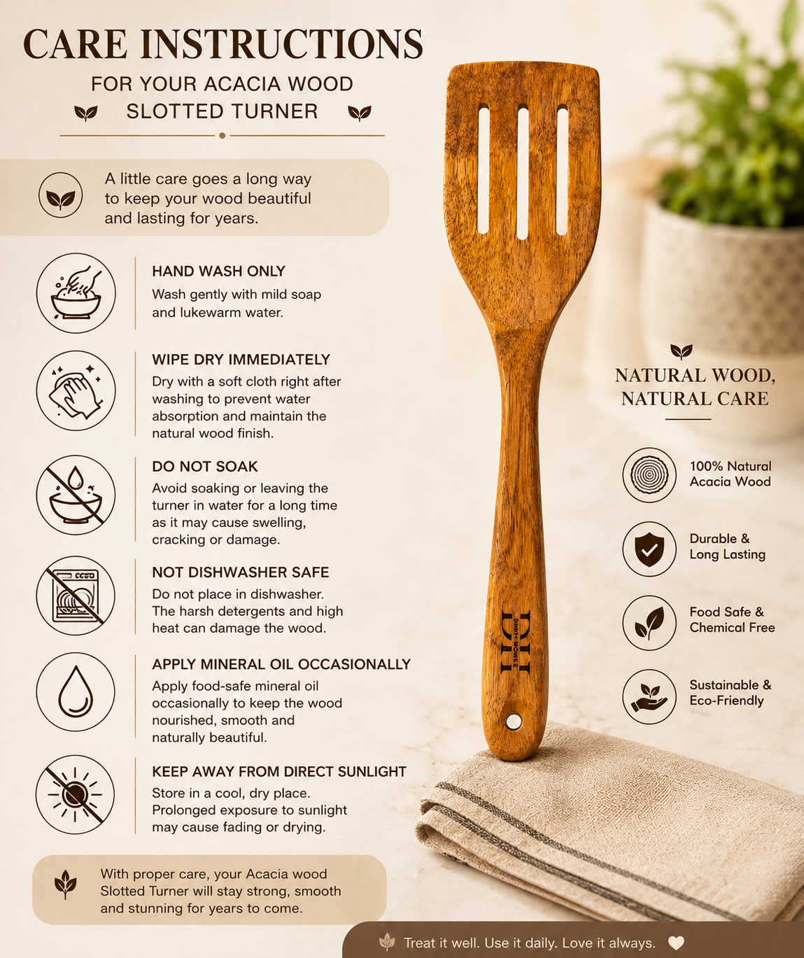 Premium Acacia Wood Slotted Turner | Handcrafted Wooden Spatula for Cooking, Flipping & Serving