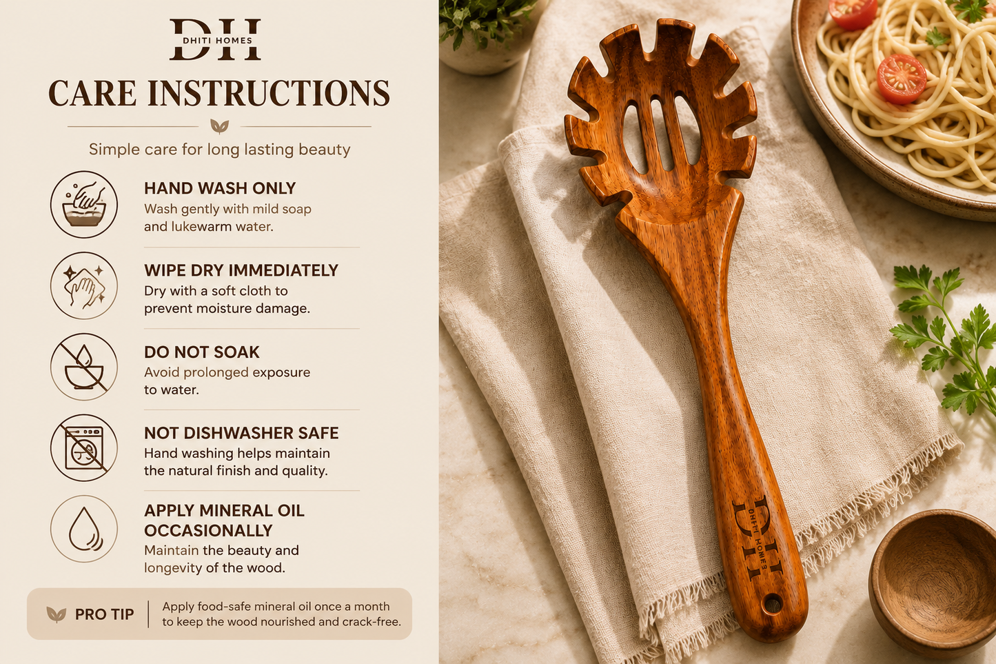 Premium Acacia Wood Spaghetti Serving Spoon | Handcrafted Wooden Spoon for Cooking & Serving