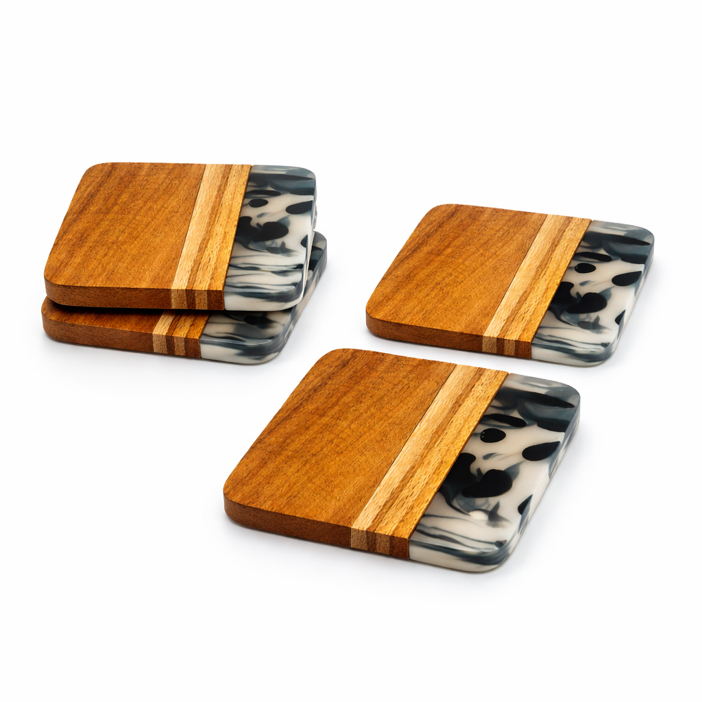 DHITI HOMES Premium Acacia Wood & Black Resin Coaster Set | Set of 4