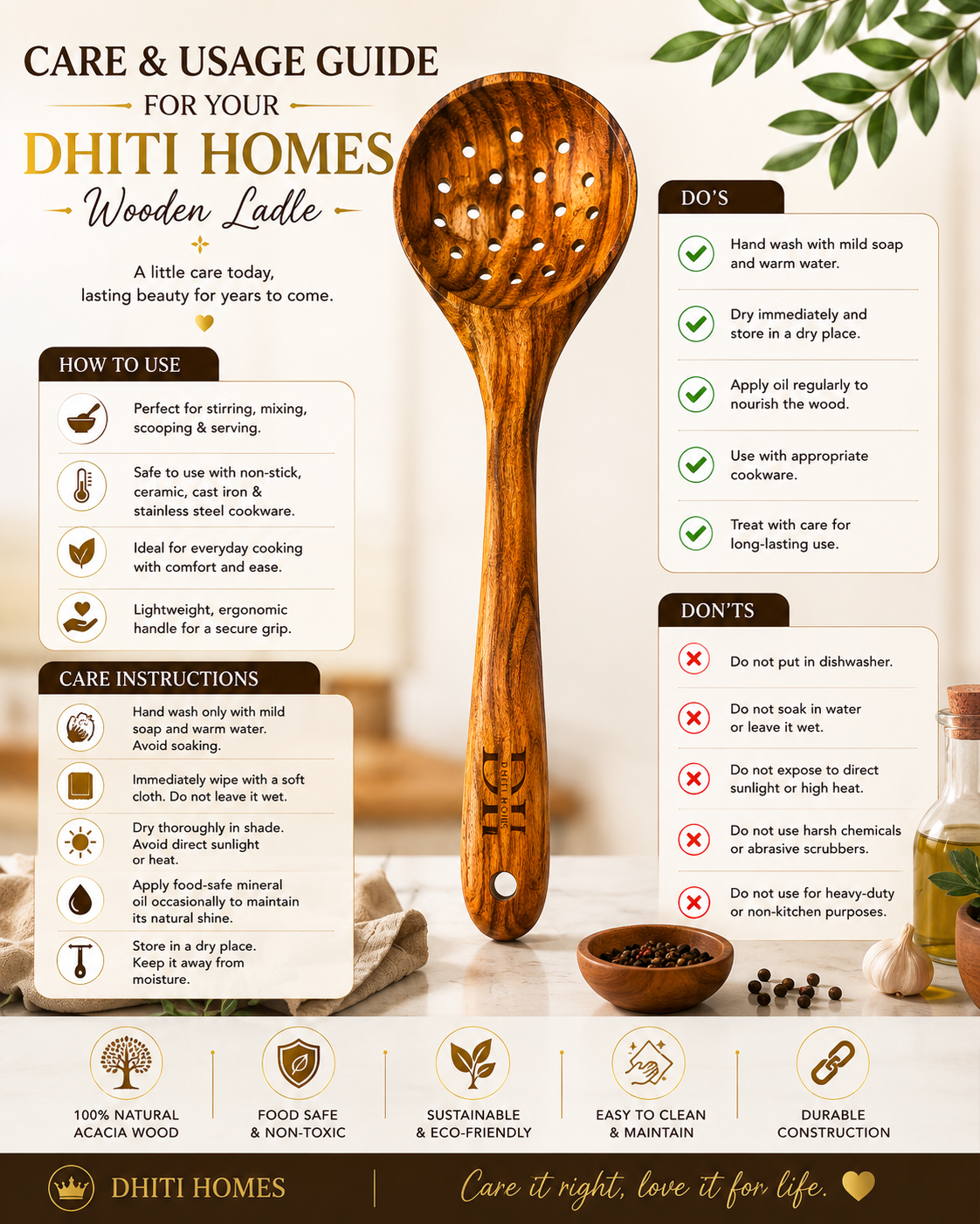 Premium Acacia Wood Slotted Serving Spoon | Handcrafted Wooden Spoon for Cooking, Straining & Serving