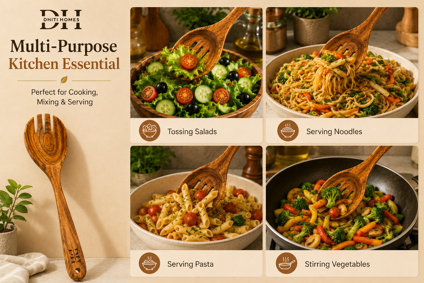 Premium Acacia Wood Slotted Salad Server Spoon | Handcrafted Wooden Spoon for Cooking, Draining & Serving
