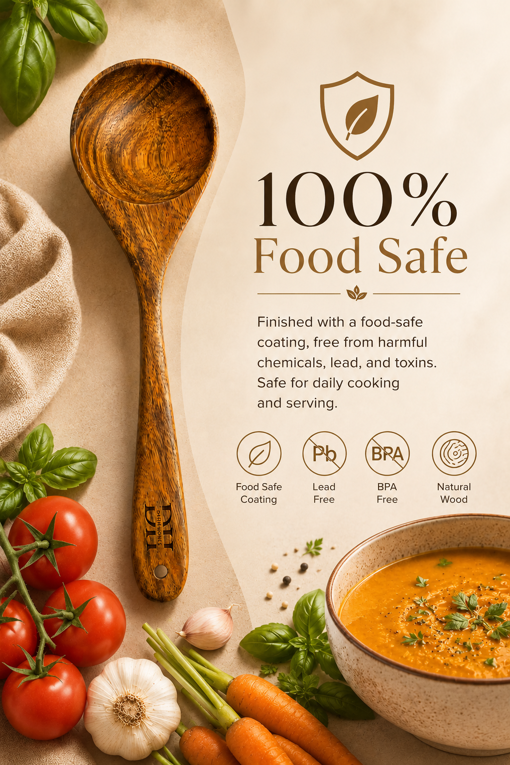 Premium Acacia Wood Deep Serving Spoon | Handcrafted Wooden Spoon for Cooking, Serving & Stirring