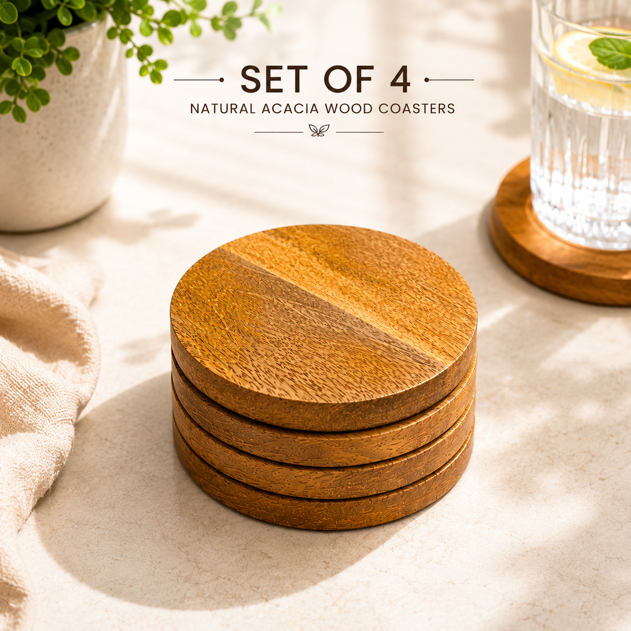 DHITI HOMES Premium Acacia Wood Coasters | Set of 4