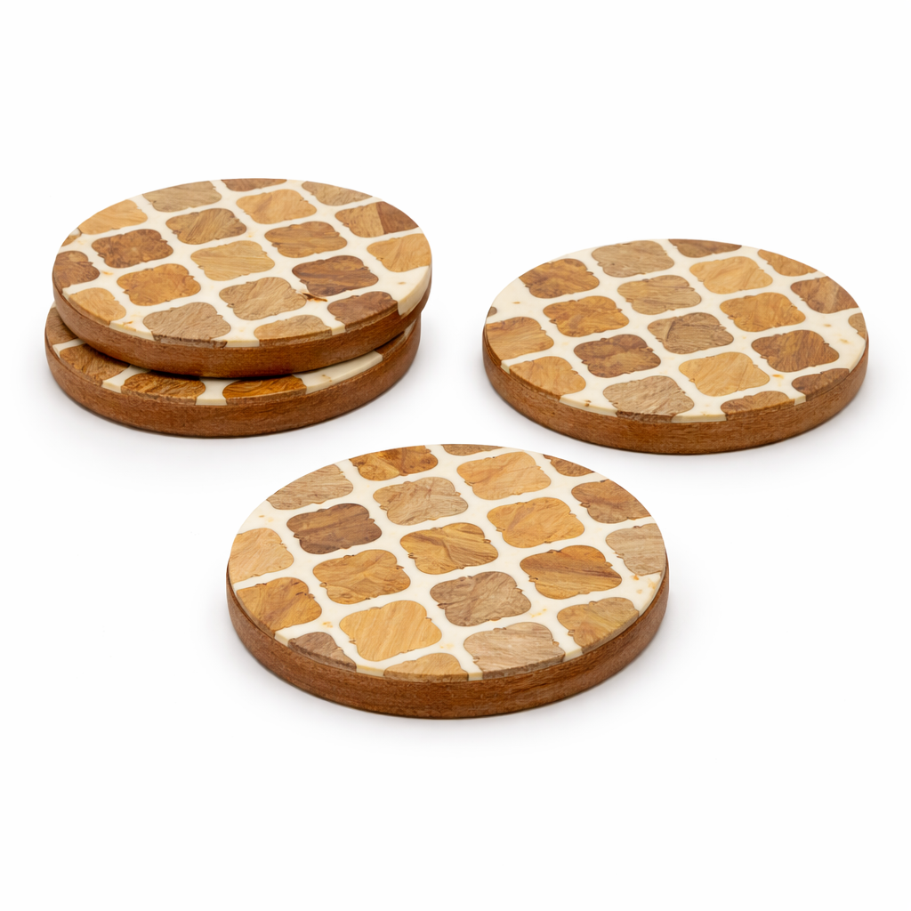 DHITI HOMES Premium Mosaic Acacia Wood & White Resin Coaster Set | Set of 4