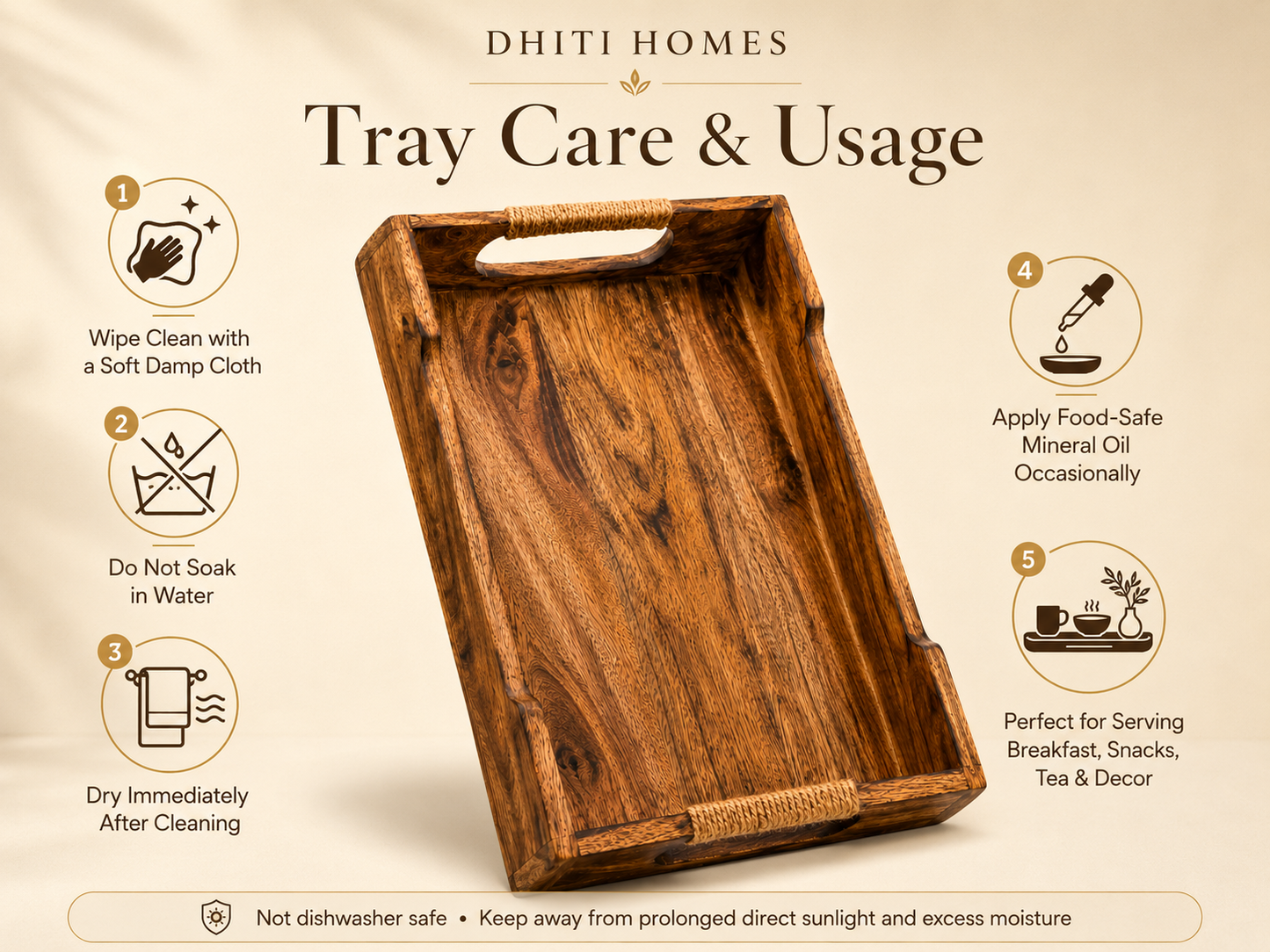 DHITI HOMES Premium Acacia Wooden Serving Tray | Breakfast, Tea, Coffee & Snack Tray