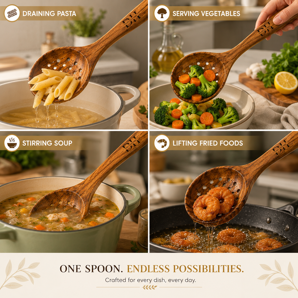 Premium Acacia Wood Slotted Serving Spoon | Handcrafted Wooden Spoon for Cooking, Straining & Serving