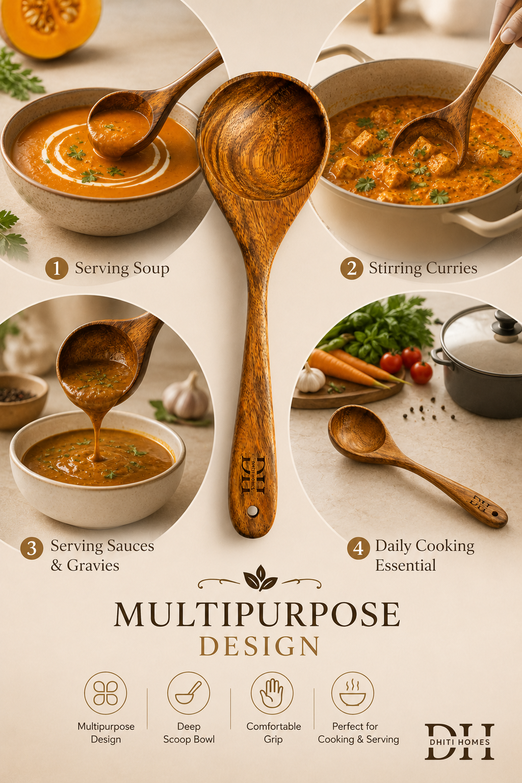 Premium Acacia Wood Deep Serving Spoon | Handcrafted Wooden Spoon for Cooking, Serving & Stirring
