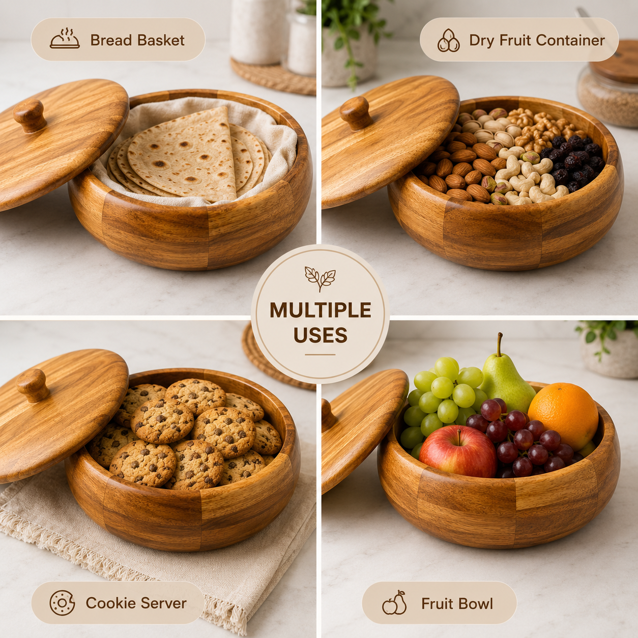 Premium Acacia Wooden Roti Casserole with Lid | Handcrafted Wooden Chapati Storage Box