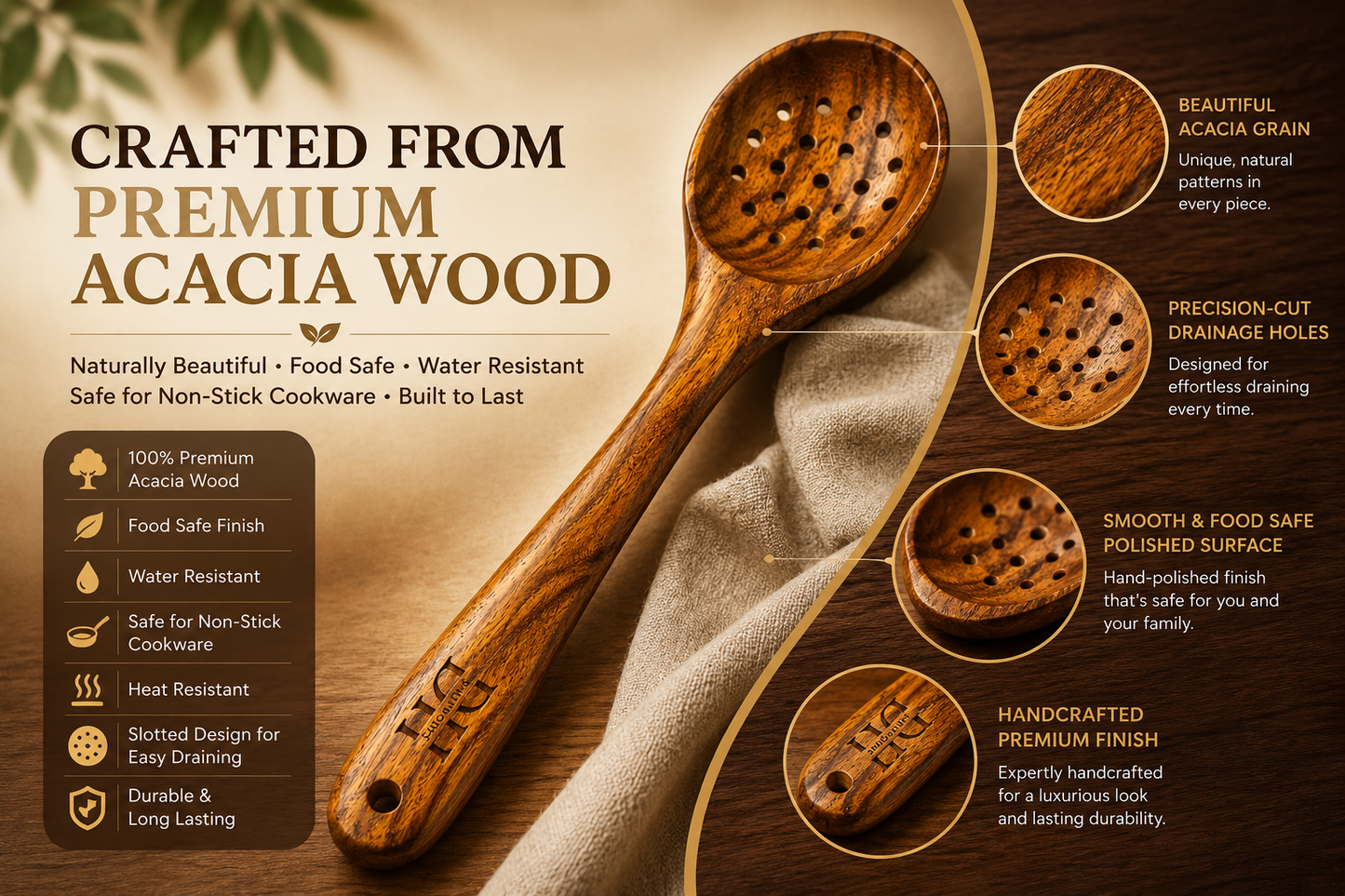 Premium Acacia Wood Slotted Serving Spoon | Handcrafted Wooden Spoon for Cooking, Straining & Serving