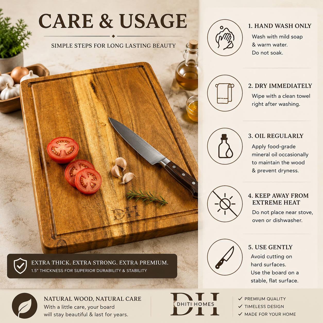 Premium Acacia Wood Cutting & Chopping Board | Large 15 x 10 x 1 Inch | Deep Juice Groove | Food-Safe PU Finish | Heavy-Duty Wooden Kitchen Board for Vegetables, Fruits, Meat & Serving